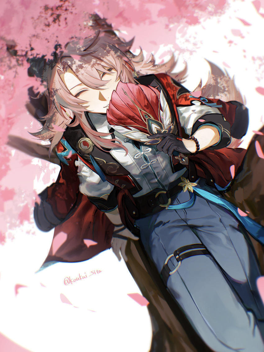 1boy, ^_^, absurdres, animal_ears, black_gloves, black_pants, bracelet, cherry_blossoms, closed_eyes, feather_fan, fox_boy, fox_ears, fox_shadow_puppet, fox_tail, gloves, hair_between_eyes, half_gloves, hand_fan, highres, holding, holding_fan, honkai:_star_rail, honkai_(series), jewelry, jiaoqiu_(honkai:_star_rail), koukai_sita, long_hair, male_focus, outdoors, pants, petals, pink_hair, shirt, smile, solo, tail, white_shirt