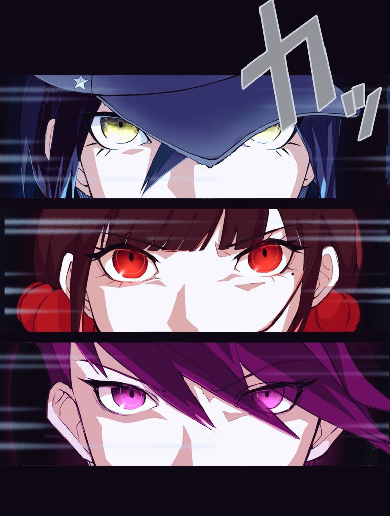 1girl, 2boys, aru_a_(arutoa5008), black_hair, black_hat, danganronpa_(series), danganronpa_v3:_killing_harmony, emphasis_lines, eye_focus, hair_ornament, hair_scrunchie, harukawa_maki, hat, looking_at_viewer, mole, mole_under_eye, momota_kaito, mouth_out_of_frame, multiple_boys, pink_eyes, pink_hair, red_eyes, red_scrunchie, saihara_shuichi, scrunchie