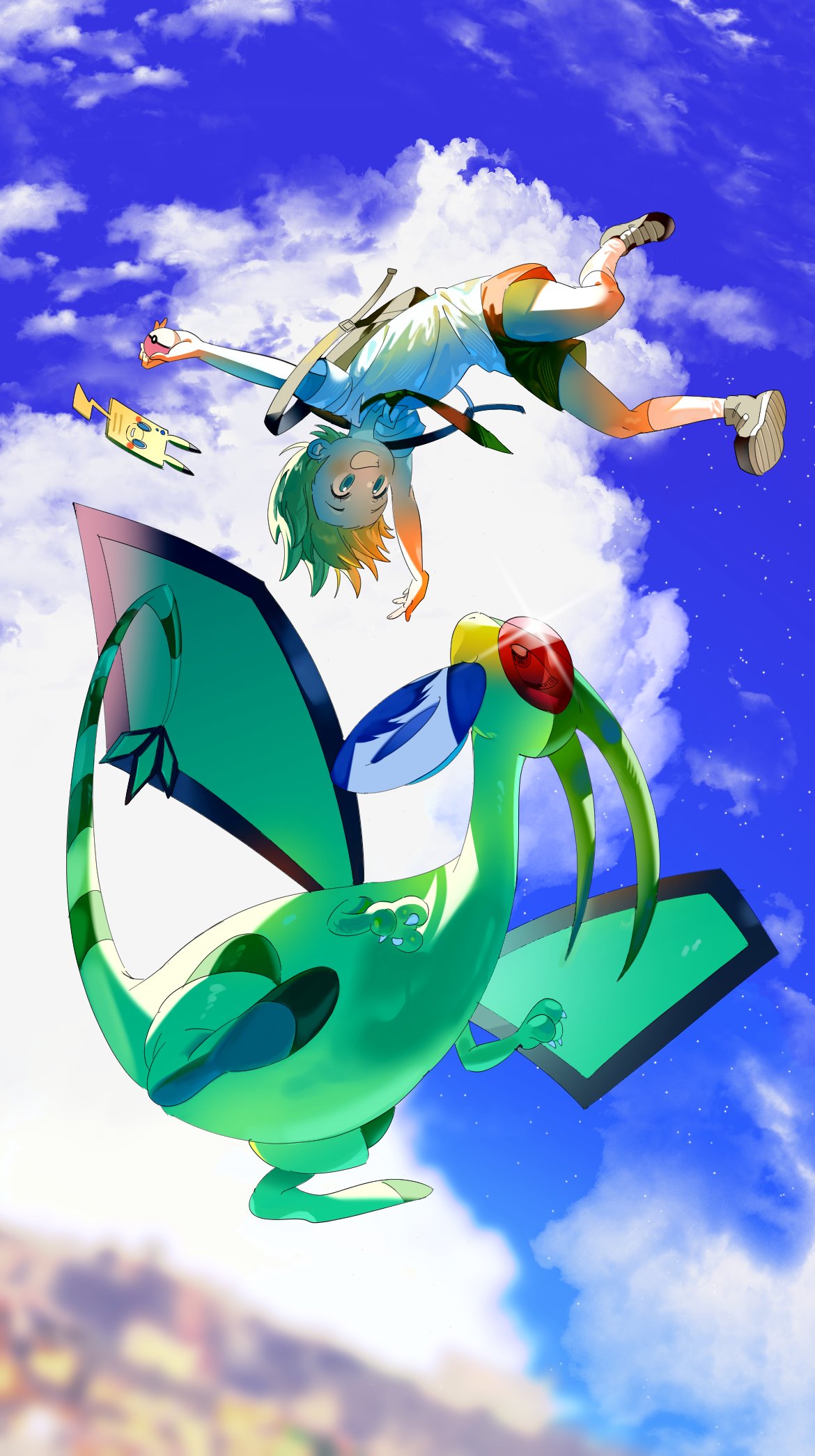 1other, backpack, bag, blonde_hair, blurry, clouds, commentary_request, day