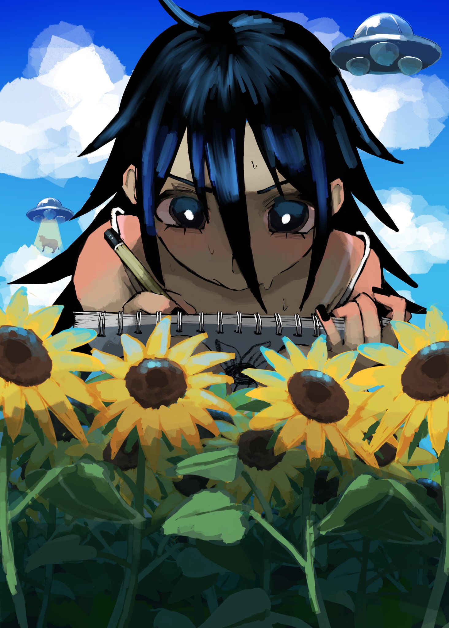 1girl, bare_shoulders, black_eyes, black_hair, black_nails, bright_pupils, clouds, day