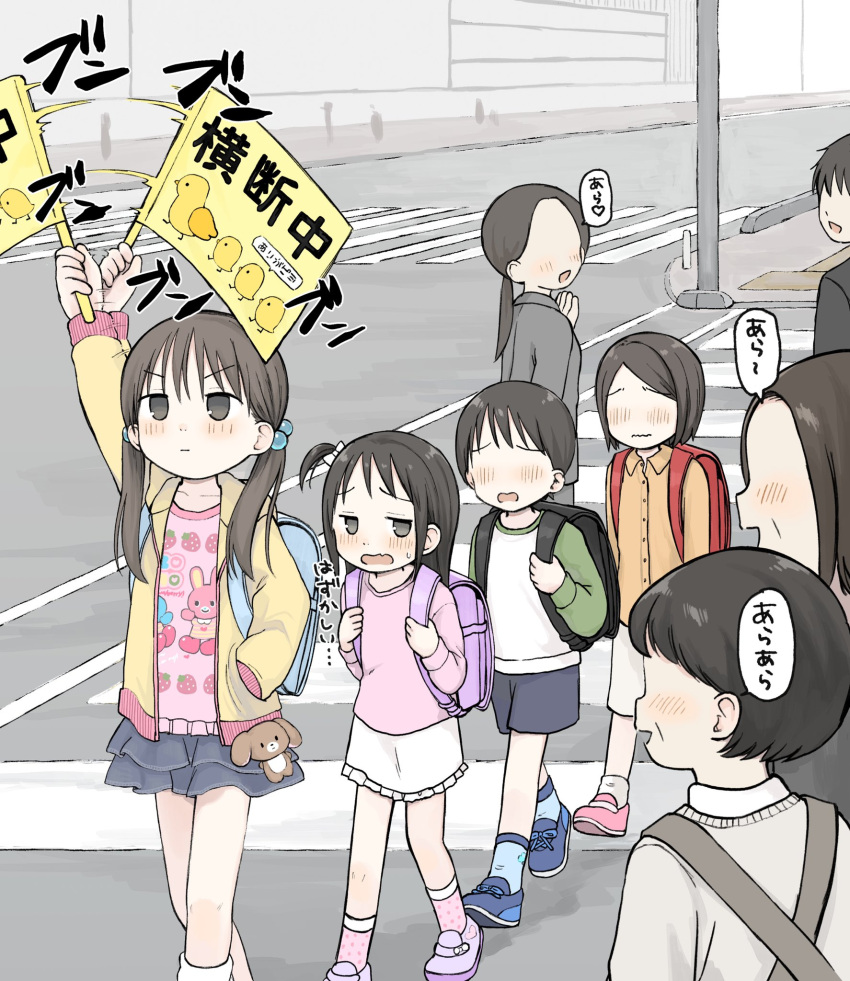 3boys, 5girls, afterimage, arm_up, backpack, bag, black_bag, black_hair