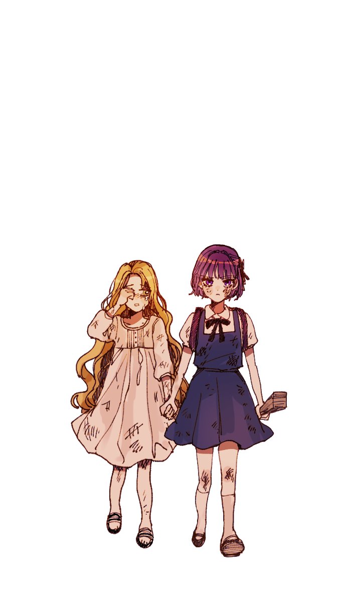 2girls, aged_down, black_bow, black_bowtie, blonde_hair, blue_dress, bow, bowtie