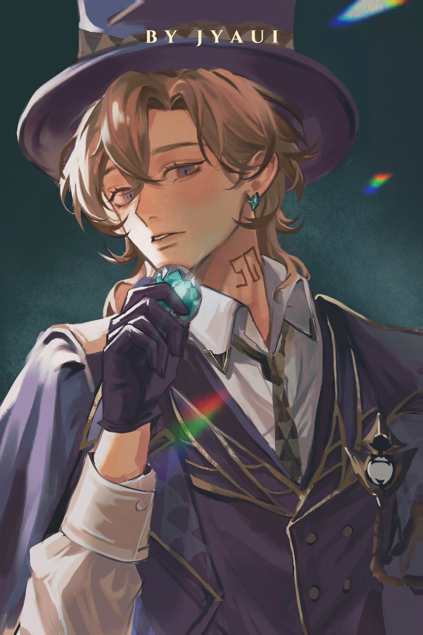 1boy, aventurine_(honkai:_star_rail), aventurine_(stoneheart's_oath_ring:_both_ends_of_the_scale)_(honkai:_star_rail), black_hat, black_jacket, blue_eyes, collared_shirt, earrings