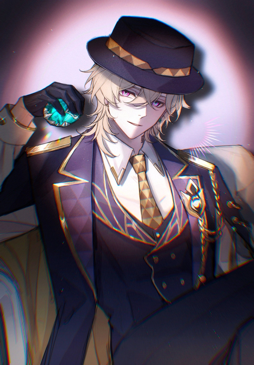 1923rash, 1boy, aventurine_(honkai:_star_rail), aventurine_(stoneheart's_oath_ring:_both_ends_of_the_scale)_(honkai:_star_rail), black_gloves, black_hat, black_pants, blonde_hair