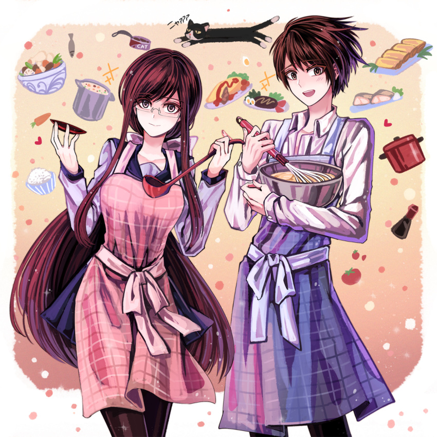 1boy, 1girl, apron, baking, bbing, black_cat, blue_apron, bow