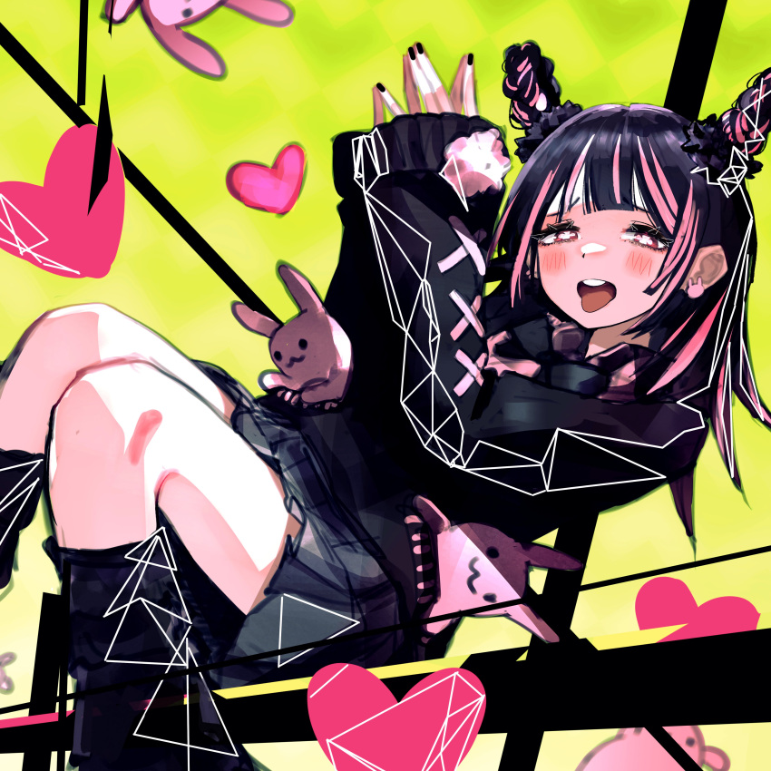 1girl, absurdres, black_cardigan, black_hair, black_nails, black_skirt, black_socks, blush