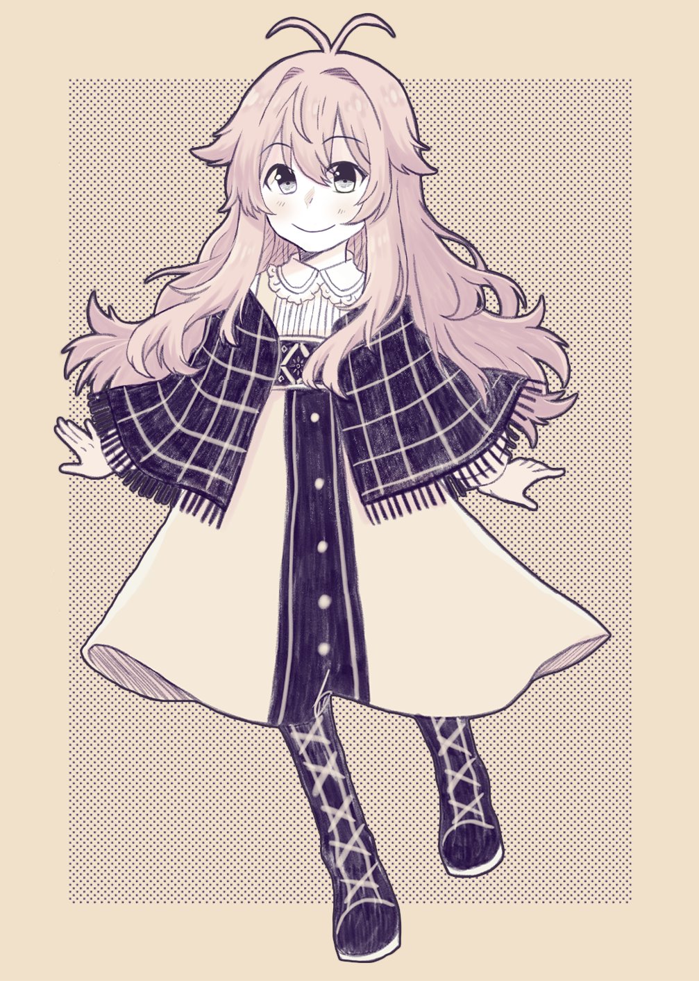 1girl, amarant_(claroscuro), antenna_hair, boots, claroscuro, dress, hair_flaps, highres