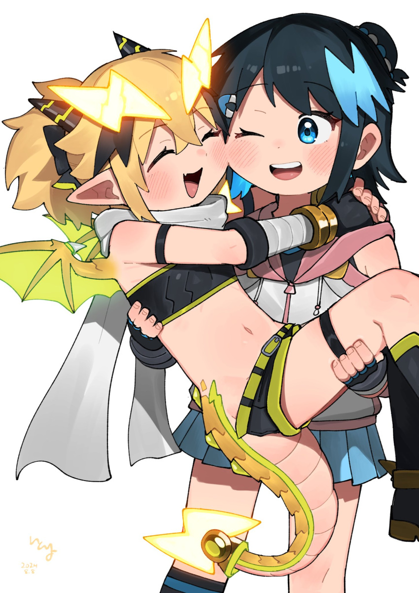 2girls, aged_down, black_gloves, black_hair, blonde_hair, blue_eyes, child, colored_inner_hair, crossed_bangs, dragon_girl, dragon_horns, dragon_tail, dragon_wings, fang, fingerless_gloves, flat_chest, gloves, hair_ornament, highres, horns, itoriyo, lightning_bolt_hair_ornament, lightning_bolt_symbol, multicolored_hair, multiple_girls, navel, original, pointy_ears, raisei_no_ryu_tsukai, san-chan, short_shorts, shorts, simple_background, skin_fang, sorano_minori, strapless, tail, tube_top, white_background, wings