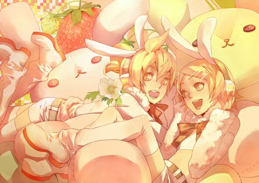 blonde_hair, boots, brother_and_sister, bunny_ears, food, fruit, hair_ornament, hairclip