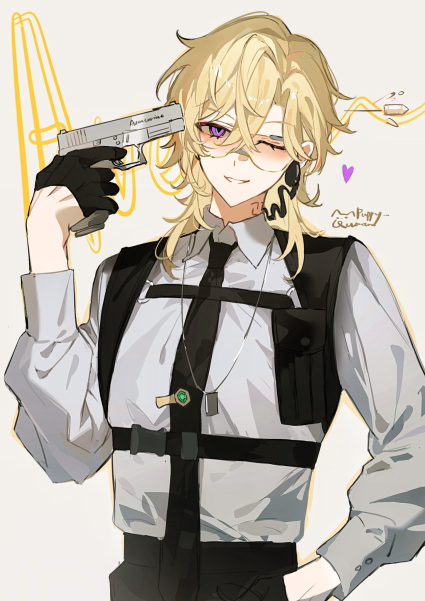 1boy, aiming, aventurine_(honkai:_star_rail), black_gloves, black_pants, blonde_hair, blue_eyes, bullet