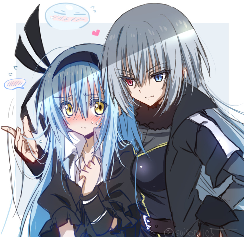 1other, 2girls, akatsuki_(ggsy7885), alternate_hairstyle, arm_around_shoulder, arm_between_breasts, belt, between_breasts, black_coat, black_collar, black_dress, black_hairband, black_shirt, blue_background, blue_eyes, blue_hair, blush, border, breasts, brown_belt, coat, collar, collared_dress, commentary_request, cosplay, costume_switch, dress, embarrassed, fang, flat_chest, flying_sweatdrops, fur_collar, grey_hair, hair_between_eyes, hairband, hairstyle_switch, hand_on_own_hip, hand_up, heart, heterochromia, long_hair, looking_at_another, luminous_valentine, multiple_girls, outside_border, red_eyes, rimuru_tempest, rimuru_tempest_(slime), shirt, small_breasts, spoken_blush, standing, sweatdrop, tensei_shitara_slime_datta_ken, twitter_username, upper_body, white_border, yellow_eyes