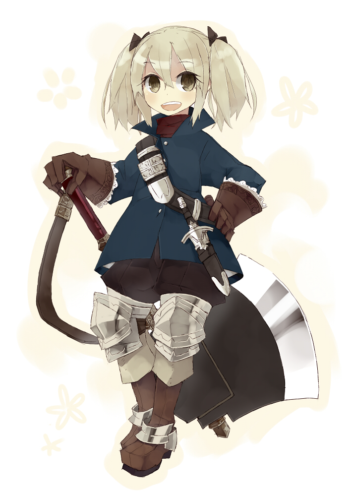 axe, blonde_hair, ccru, dagger, gloves, greaves, hand_on_hip, open_mouth
