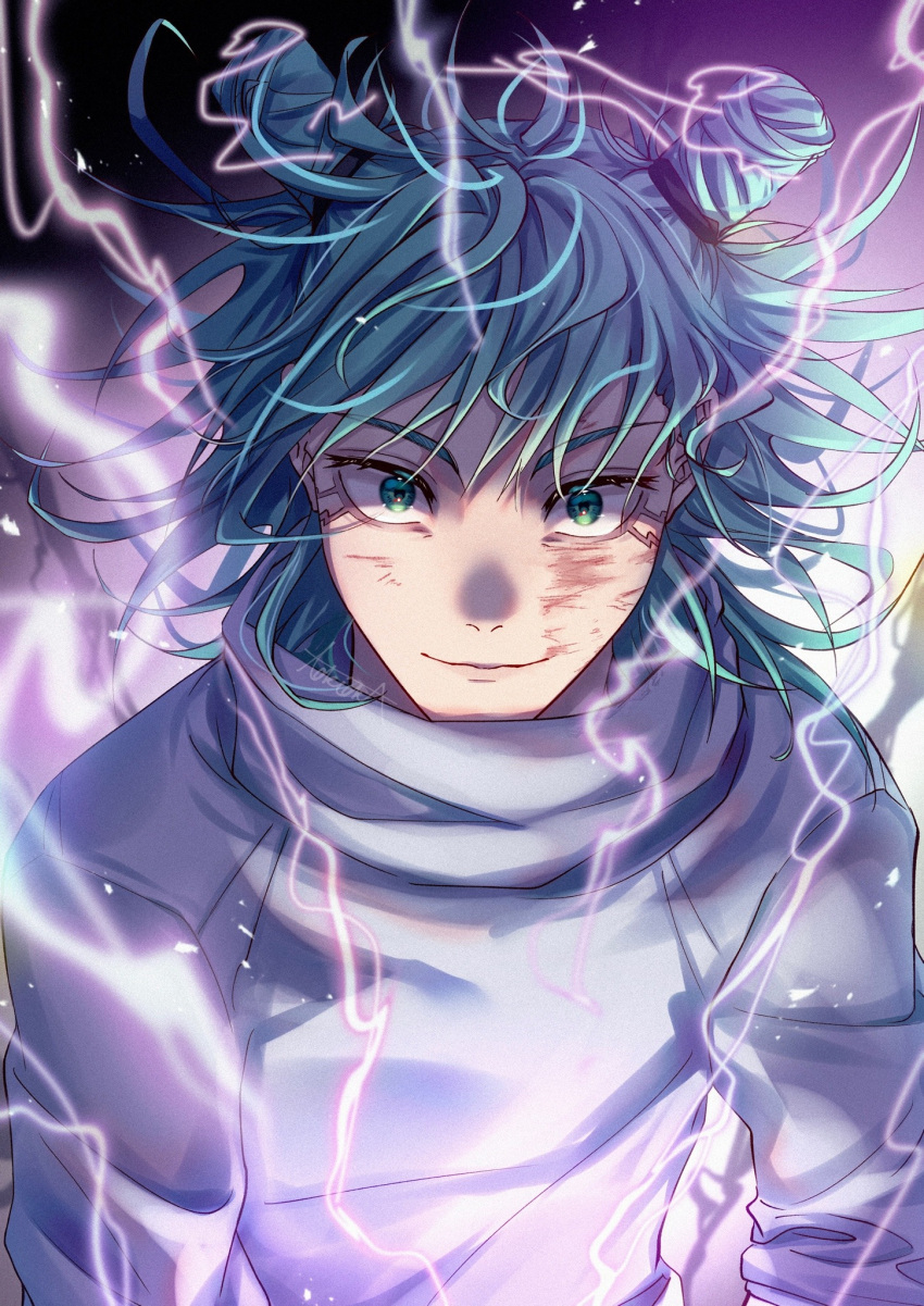 1boy, aqua_hair, bruise, bruise_on_face, constricted_pupils, double_bun, electricity, green_eyes