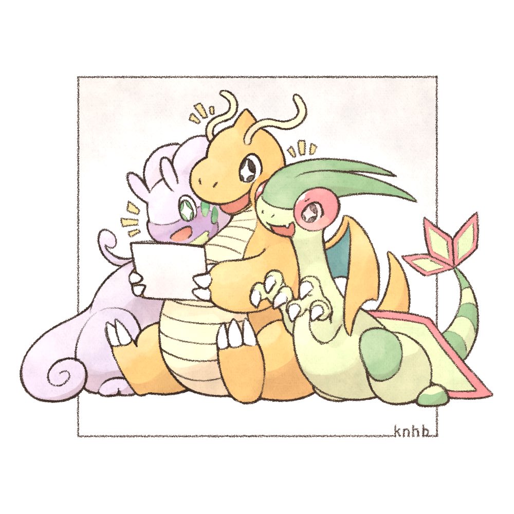 +_+, :d, animal_focus, border, claws, commentary_request, dragon, dragon_wings, dragonite, flygon, goodra, green_eyes, holding, holding_paper, knhb_tail, no_humans, notice_lines, outside_border, paper, pokemon, pokemon_(creature), simple_background, sitting, smile, tail, white_background, white_border, wings