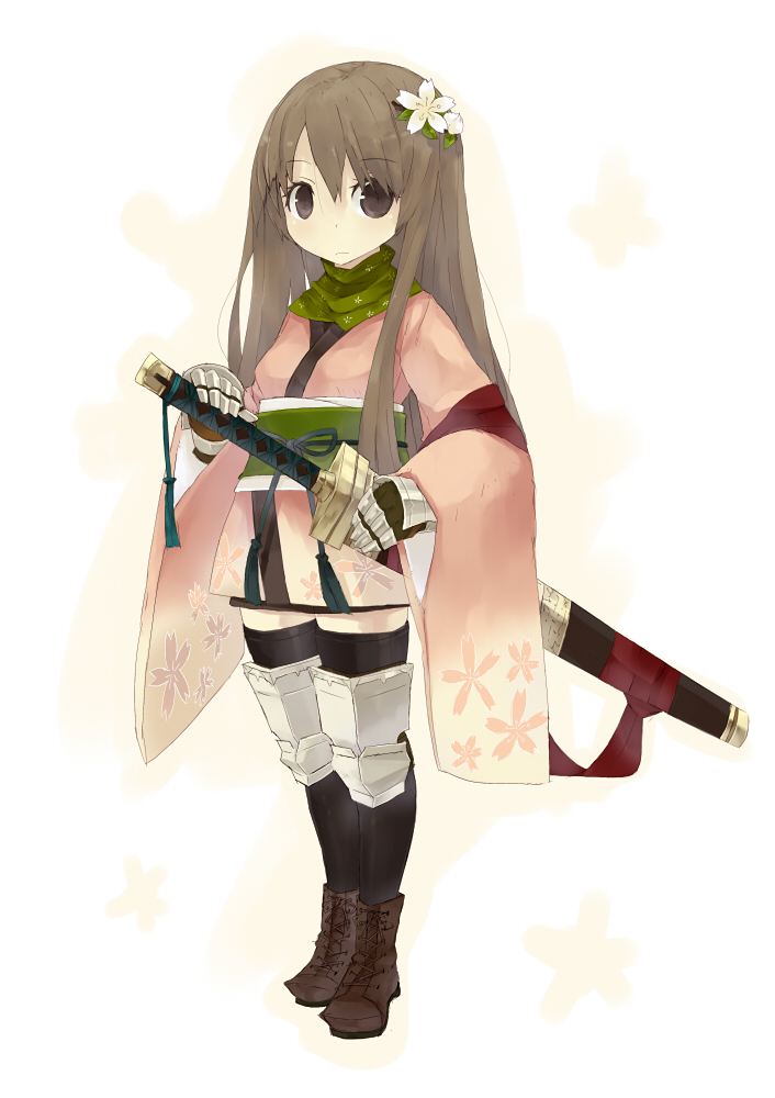 armor, ccru, flower, gauntlets, hair_flower, hair_ornament, japanese_clothes, kimono