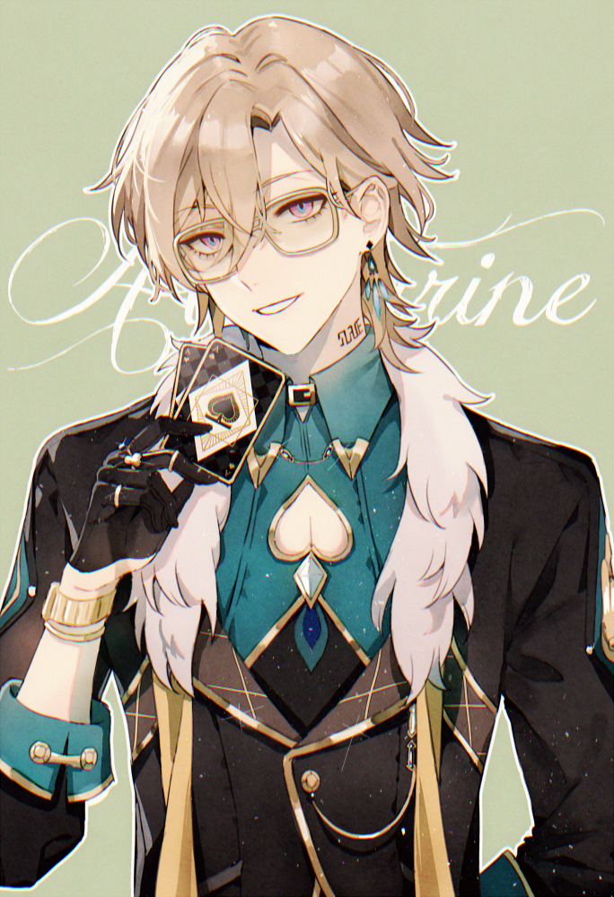 1boy, ace_(playing_card), ace_of_spades, aventurine_(honkai:_star_rail), black_gloves, black_jacket, blonde_hair, blue_eyes