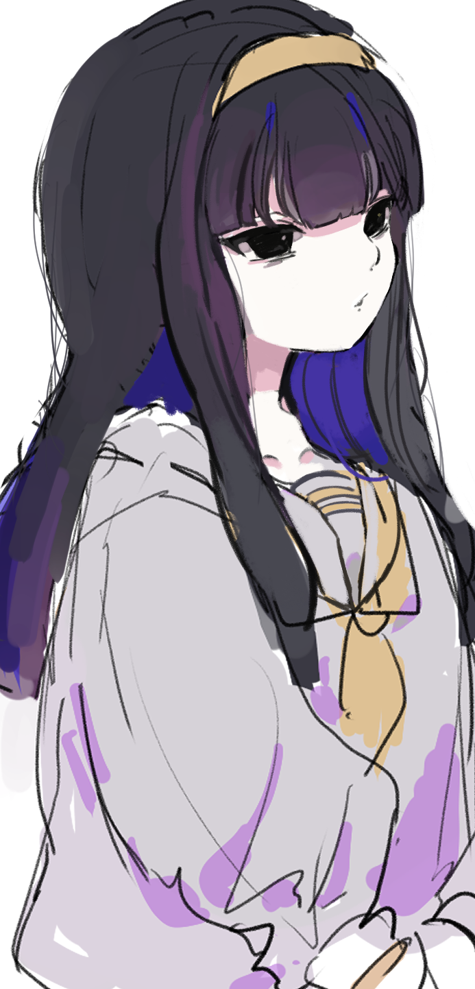 1girl, alternate_costume, black_eyes, black_hair, blunt_bangs, eyelashes, gloves, gnosia