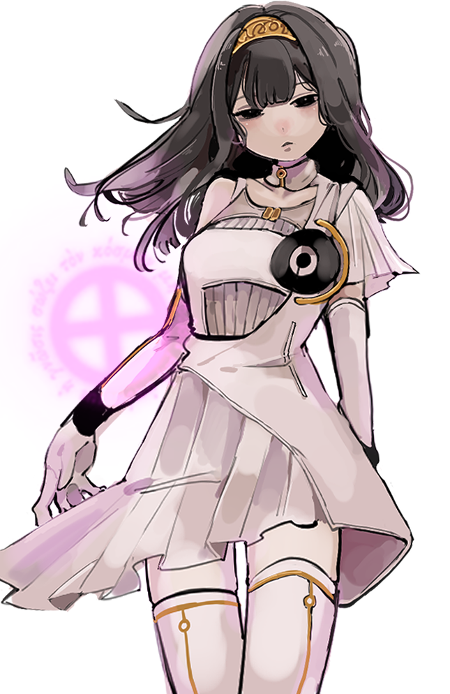 1girl, black_eyes, black_hair, blunt_bangs, dress, eyelashes, gloves, gnosia