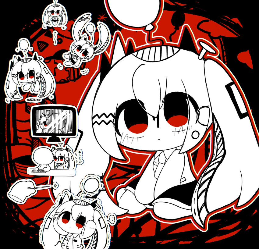 ..., 1girl, agpgwm, akairo_ushiro_(vocaloid), arms_between_legs, arms_up, arrow_(symbol), balloon