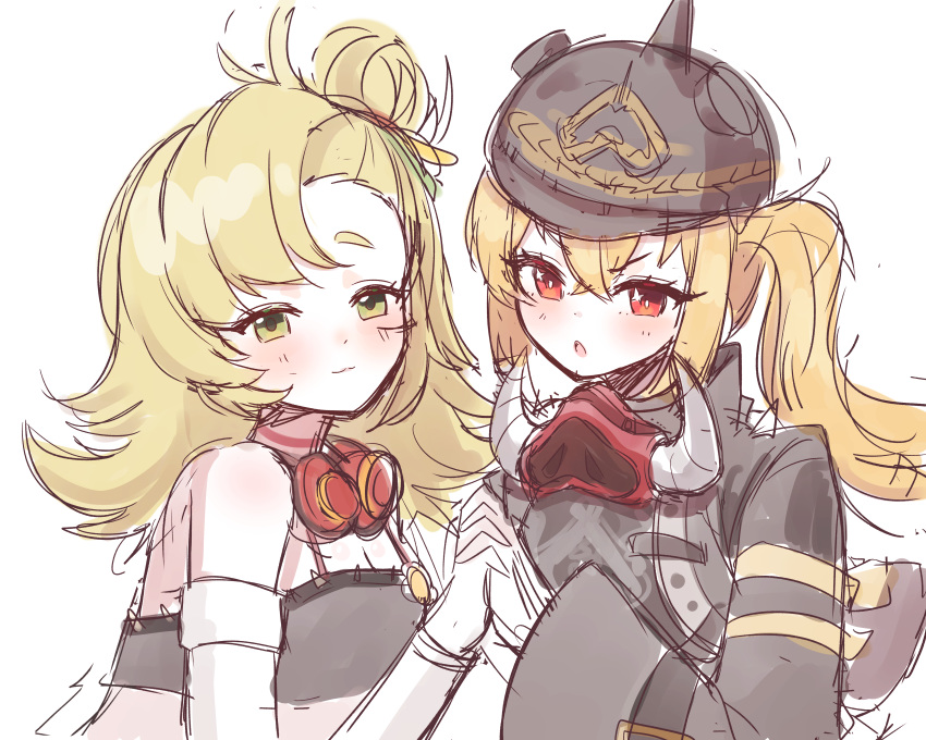 2girls, absurdres, armpits, breasts, camisole, cici_(choiyan), cowboy_shot, crop_top, cutoffs, gloves, green_eyes, grey_jacket, helmet, highres, jacket, long_sleeves, luciana_de_montefio, midriff, multiple_girls, piper_wheel, red_eyes, shorts, side_ponytail, simple_background, small_breasts, thighs, underbutt, white_background, yellow_gloves, zenless_zone_zero