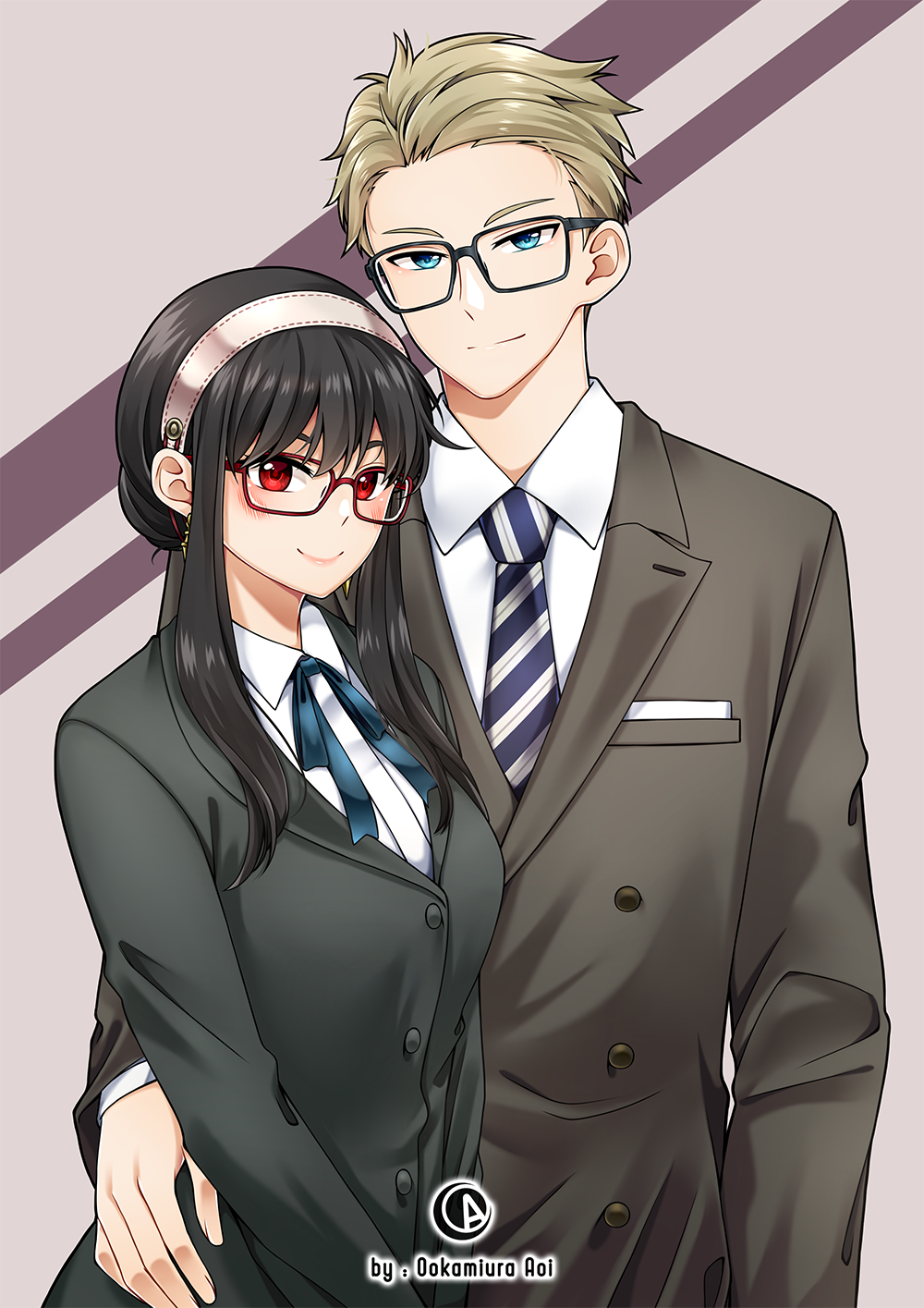 1boy, 1girl, black_hair, black_jacket, blonde_hair, blue_eyes, blue_ribbon, brown_coat