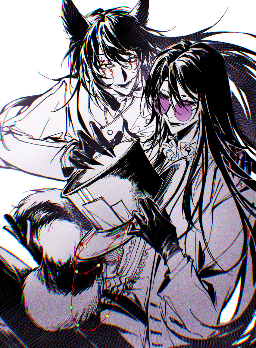 2boys, absurdres, animal_ears, beads, center_frills, chinese_commentary, commentary_request, facial_tattoo
