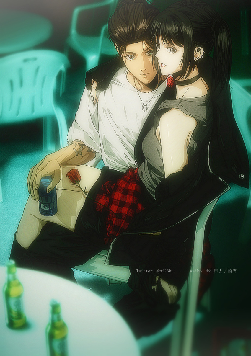 1boy, 1girl, absurdres, alternate_universe, arm_around_neck, arm_tattoo, bare_shoulders, black_choker, black_hair, black_jacket, black_nails, black_pants, black_skirt, blurry, blurry_background, blurry_foreground, bottle, breasts, brown_hair, bud_light, butterfly_tattoo, can, choker, clothes_around_waist, couple, earrings, eren_yeager, flower, flower_choker, goth_fashion, grey_tank_top, hair_bun, hetero, highres, holding, holding_can, jacket, jacket_partially_removed, jewelry, long_hair, medium_breasts, medium_hair, mikasa_ackerman, multiple_earrings, nail_polish, niku_(ni23ku), pale_skin, pants, parted_lips, plaid_clothes, plaid_shirt, red_flower, red_rose, rose, shingeki_no_kyojin, shirt, shirt_around_waist, sidelocks, sitting, sitting_on_lap, sitting_on_person, skirt, smile, tank_top, tattoo, twintails, white_shirt