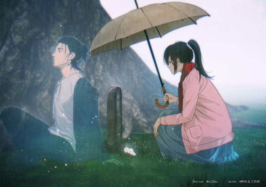 1boy, 1girl, black_hair, blue_skirt, eren_yeager, flower, full_body, ghost