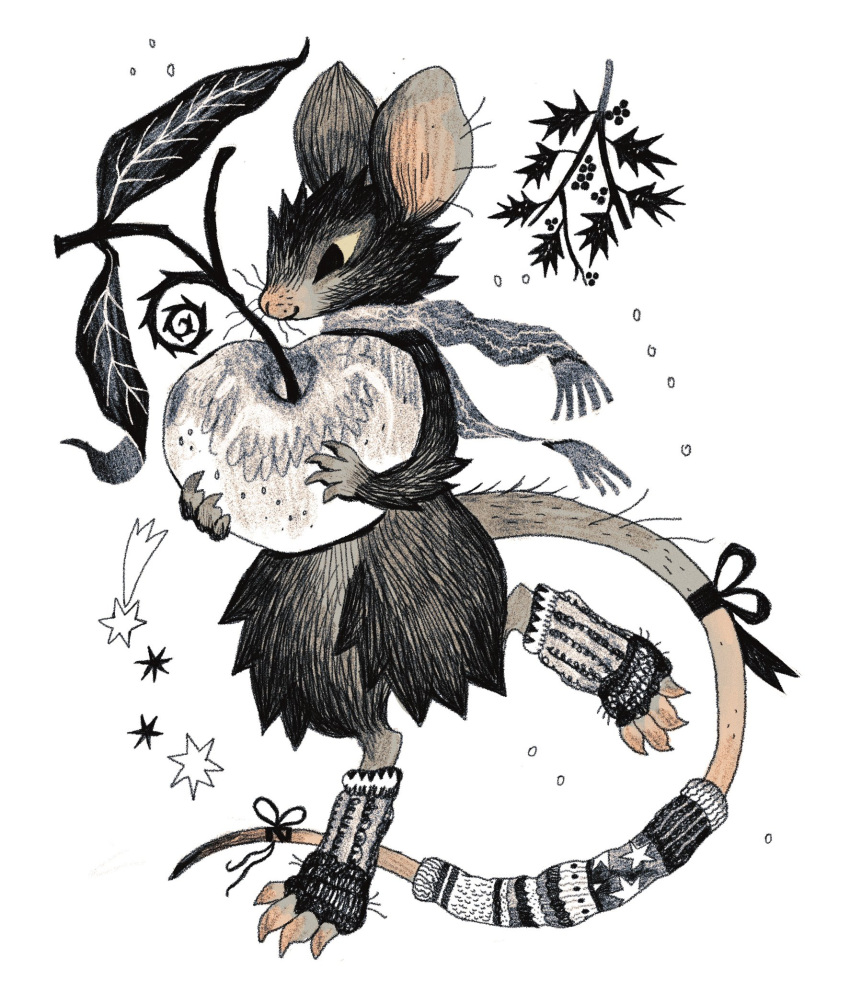 1other, apple, black_bow, black_eyes, black_fur, bow, closed_mouth, colored_sclera, eli_spencer, food, fruit, full_body, furry, highres, holding, holding_food, holding_fruit, leg_warmers, light_smile, mouse_(animal), no_eyebrows, nude, original, other_focus, profile, scarf, solo, standing, standing_on_one_leg, tail, tail_bow, tail_ornament, tail_warmer, two-handed, white_apple, white_background, yellow_sclera
