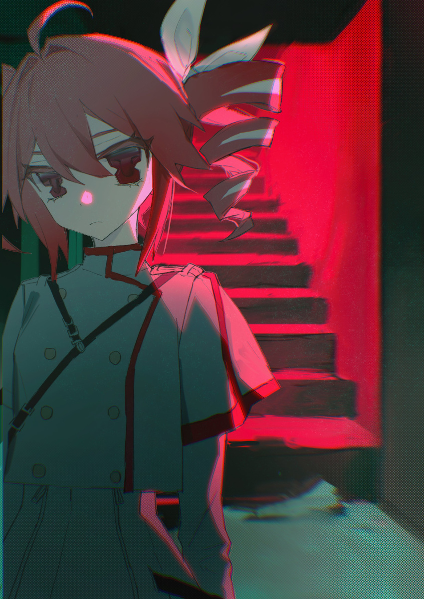 1girl, absurdres, ahoge, backlighting, buttons, closed_mouth, double-breasted, drill_hair, grey_jacket, grey_skirt, hair_ribbon, hashtag-only_commentary, highres, jacket, kasane_teto, kasane_teto_(sv), kisaragi_makura, long_sleeves, looking_at_viewer, red_eyes, redhead, ribbon, shoulder_belt, skirt, solo, stairs, standing, synthesizer_v, twin_drills, uniform, upper_body, white_ribbon
