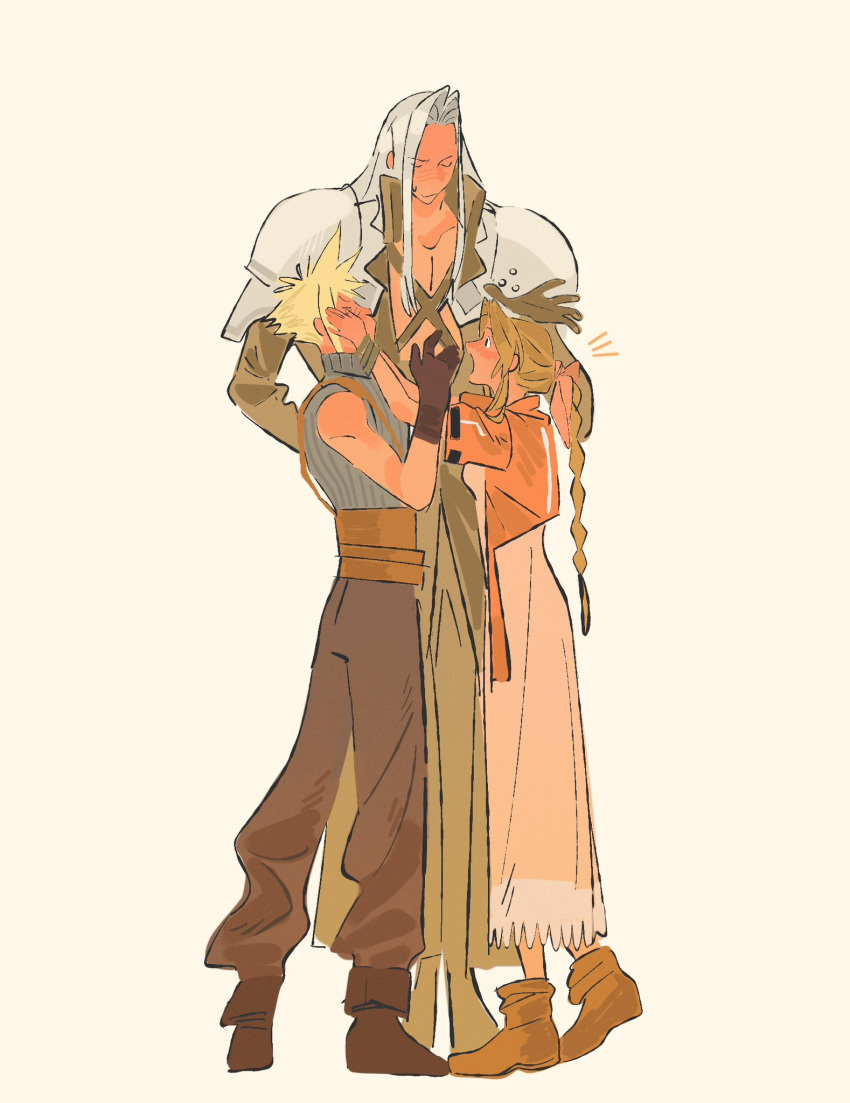 2boys, aerith_gainsborough, armor, baggy_pants, belt, black_footwear, black_jacket, blonde_hair, blue_shirt, blush, boots, braid, braided_ponytail, breasts, brown_belt, brown_footwear, brown_gloves, chest_strap, closed_eyes, cloud_strife, cropped_jacket, dress, final_fantasy, final_fantasy_vii, final_fantasy_vii_rebirth, final_fantasy_vii_remake, full_body, gloves, grey_hair, hair_ribbon, hands_on_another's_cheeks, hands_on_another's_face, highres, jacket, jaysoysaucee, long_bangs, long_dress, long_hair, medium_breasts, multiple_belts, multiple_boys, open_mouth, outstretched_hand, pants, parted_bangs, pink_dress, pink_ribbon, red_jacket, ribbon, sephiroth, shirt, short_hair, short_sleeves, shoulder_armor, sidelocks, single_bare_shoulder, single_braid, sleeveless, sleeveless_turtleneck, spiky_hair, sweatdrop, turtleneck