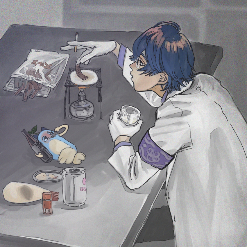 1boy, absurdres, beaker, beer_can, between_fingers, black_eyes, blue_hair, blurry