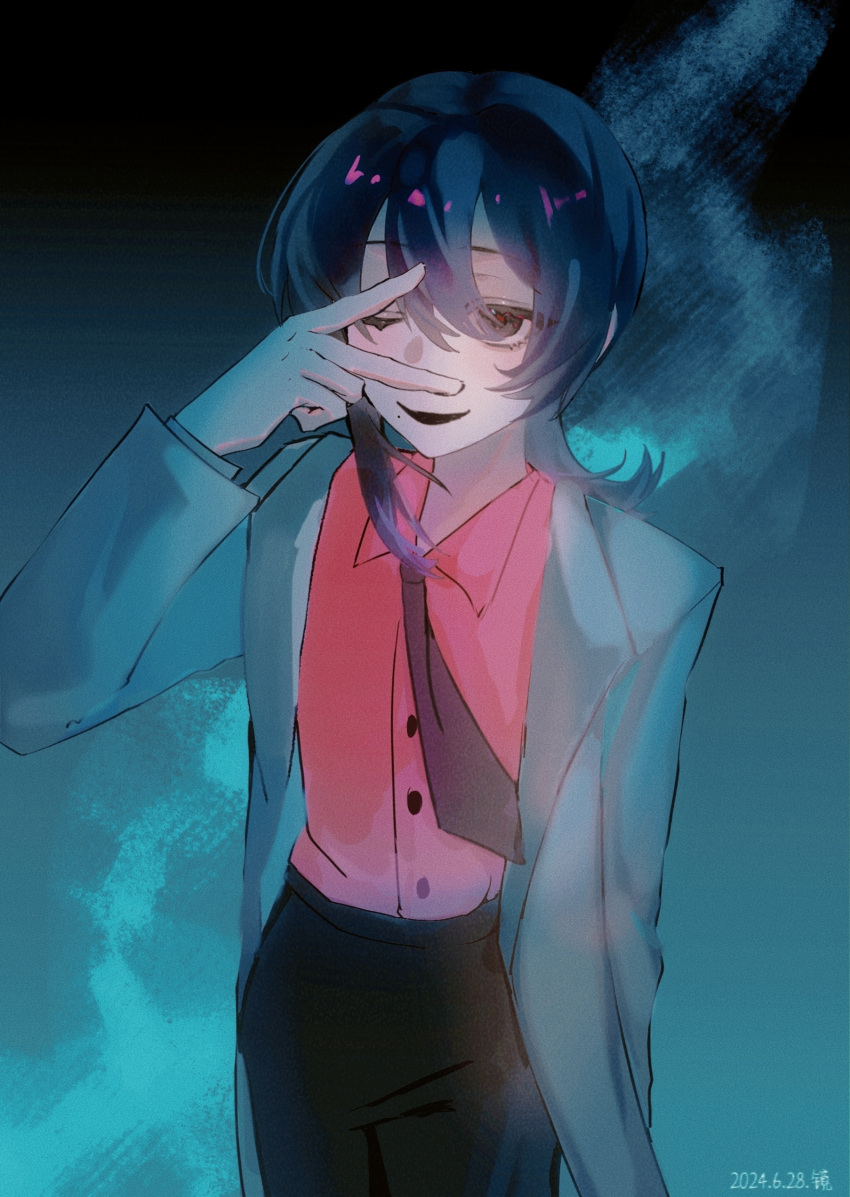 1boy, absurdres, black_eyes, black_hair, black_necktie, black_pants, chinese_commentary, collared_shirt