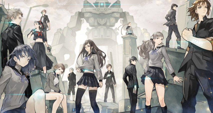 6+boys, 6+girls, amiguchi_shuu, bandaged_head, bandaged_neck, bandages, black_gloves, black_jacket