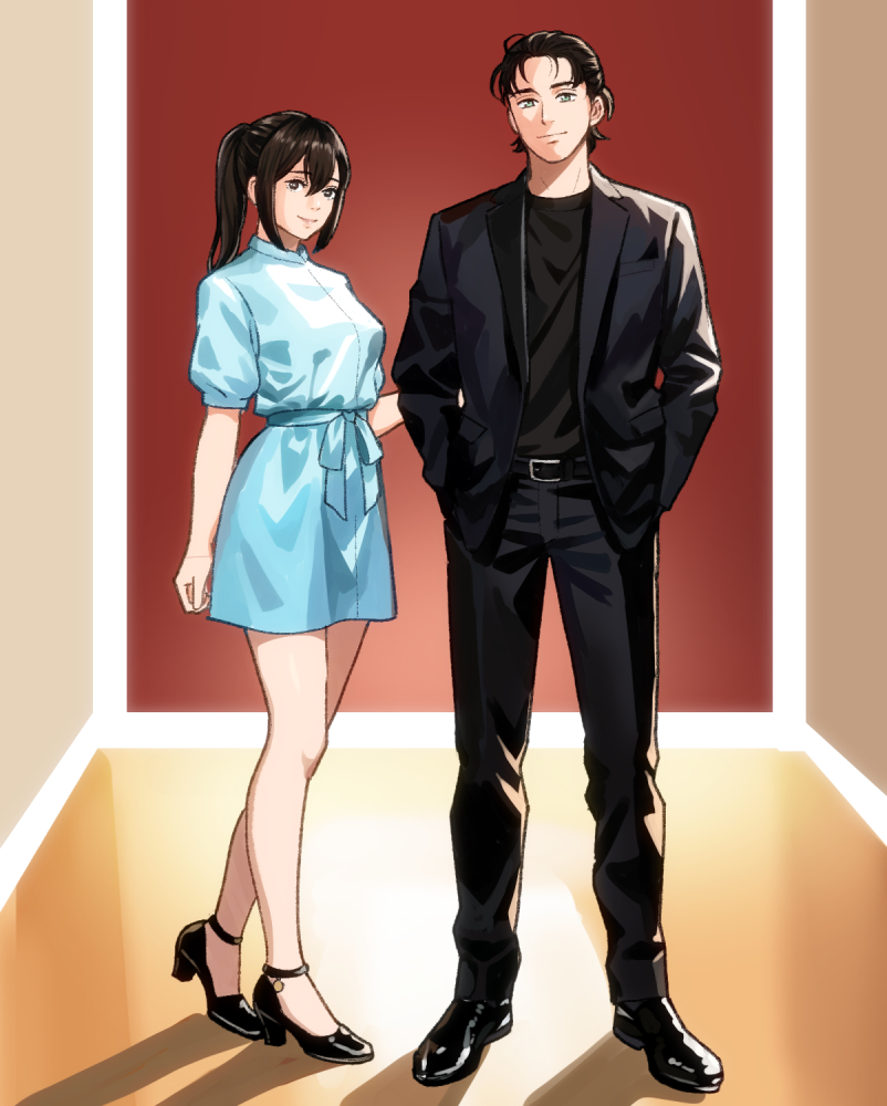 1216liddell, 1boy, 1girl, alternate_costume, belt, belt_buckle, black_belt, black_eyes