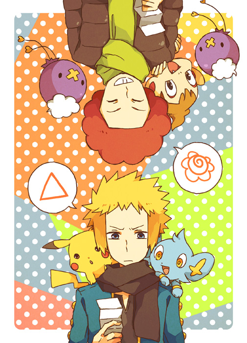 2boys, afro, aloe28, alternate_costume, black_scarf, blonde_hair, chimchar, drifloon