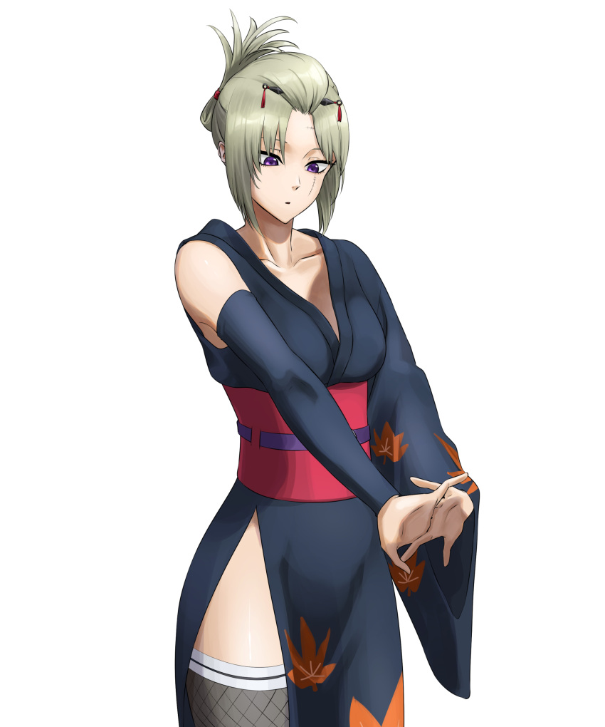 1girl, absurdres, bare_shoulders, black_kimono, blonde_hair, breasts, collarbone, commentary