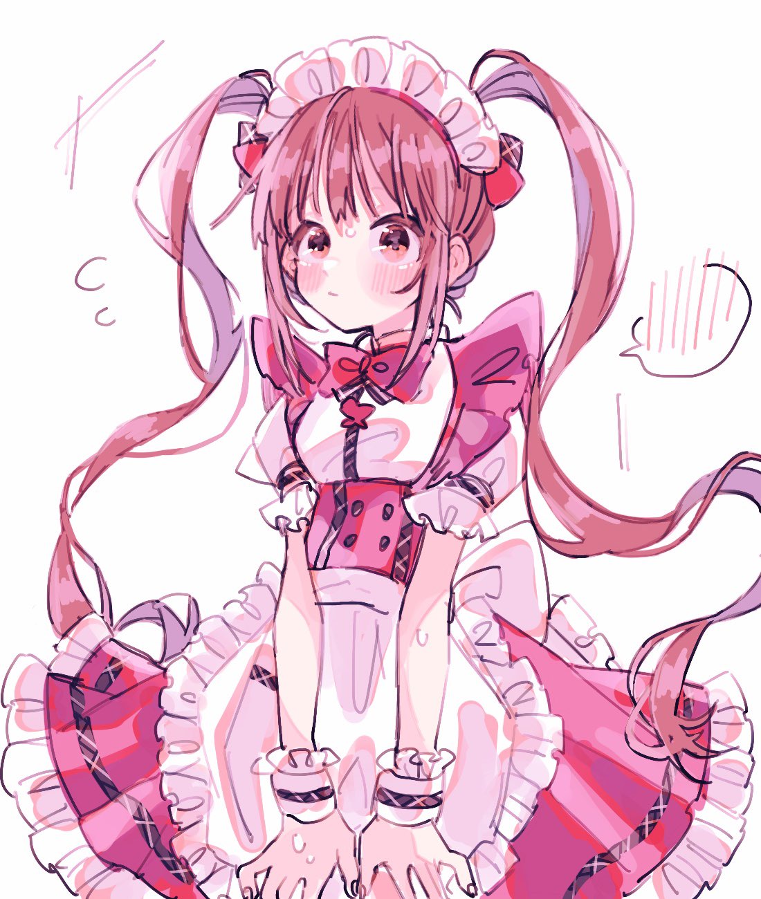 1girl, apron, atrdlll, back_bow, blush, bow, bowtie, brown_hair