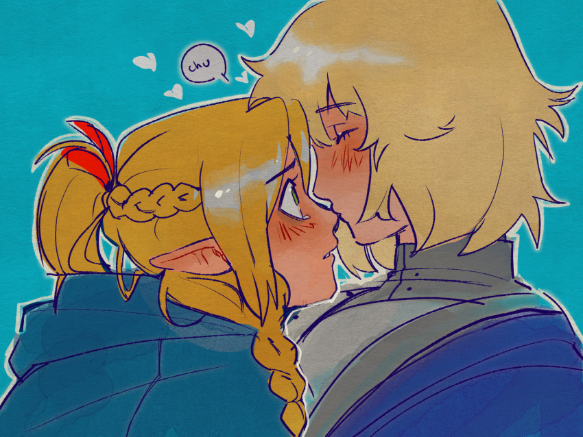 2girls, artist_request, blonde_hair, blue_background, blush, braid, closed_eyes, dungeon_meshi