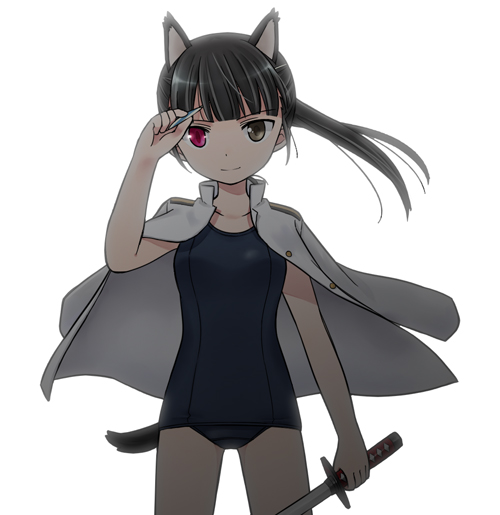 bad_id, black_hair, dog_ears, heterochromia, jacket_on_shoulders, long_hair, military, military_uniform
