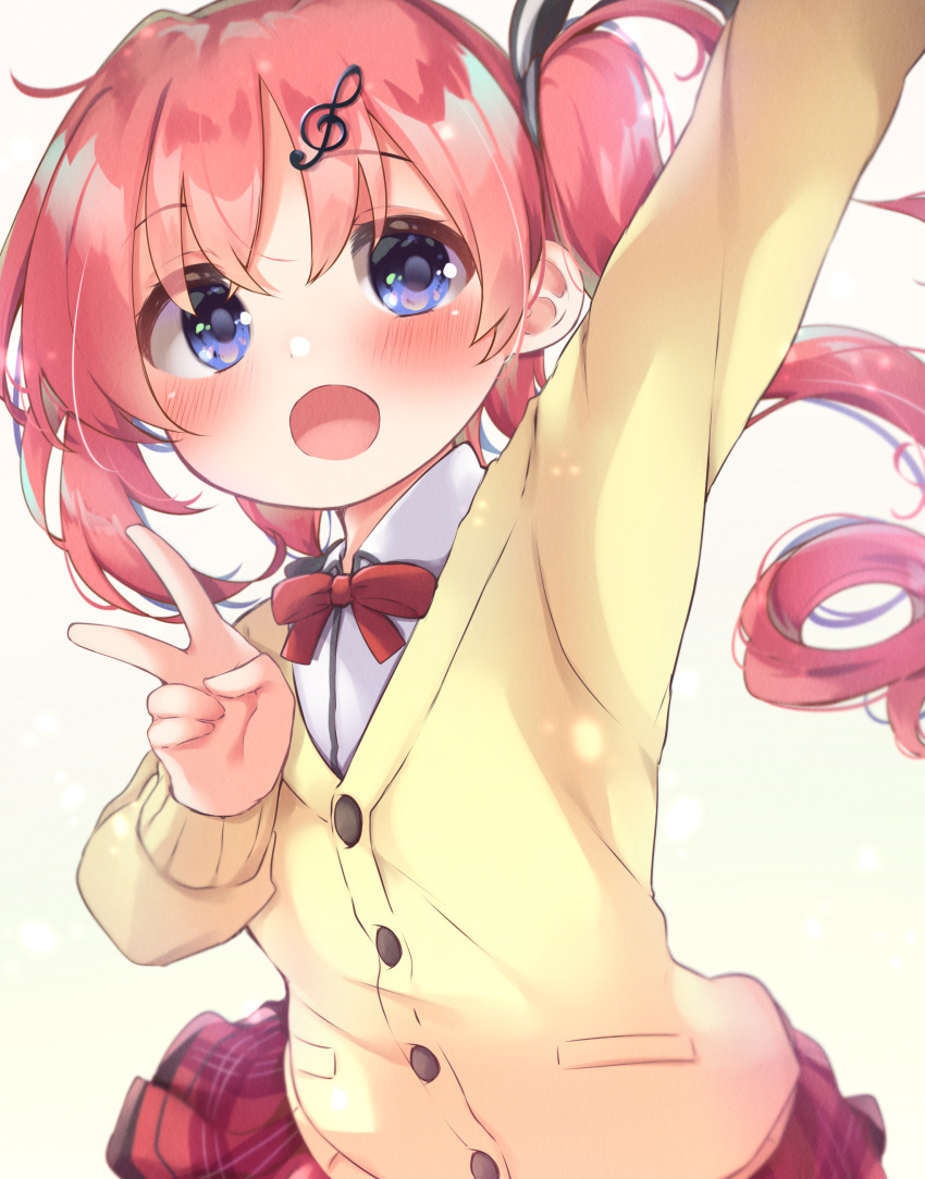 1girl, 2021, :d, absurdres, arm_up, black_ribbon, blue_eyes, blush, cardigan, collared_shirt, commentary_request, cowboy_shot, dated_commentary, eyes_visible_through_hair, floating_hair, gattengou, hair_between_eyes, hair_ornament, hair_ribbon, hand_up, happy, highres, long_hair, looking_at_viewer, miniskirt, musical_note, musical_note_hair_ornament, neck_ribbon, nonomiya_ai, open_mouth, pink_hair, plaid_clothes, plaid_skirt, pleated_skirt, red_ribbon, red_skirt, ribbon, shirt, shunki_gentei_poco_a_poco!, skirt, sleeves_past_wrists, smile, solo, tareme, v, white_shirt, yellow_cardigan