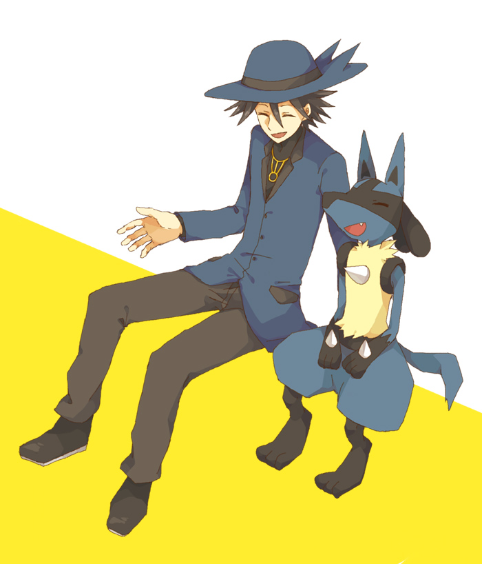 1boy, aloe28, blue_hat, brown_pants, closed_eyes, fang, full_body, furry