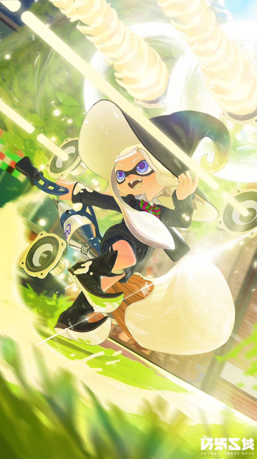 1girl, absurdres, arms_up, asymmetrical_hair, black_cardigan, black_footwear, black_hat, blue_eyes