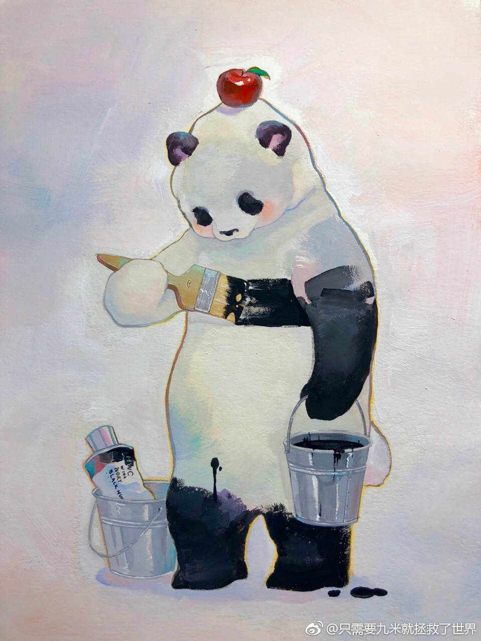 animal_focus, apple, blue_background, bodypaint, bucket, chinese_commentary, commentary_request, food