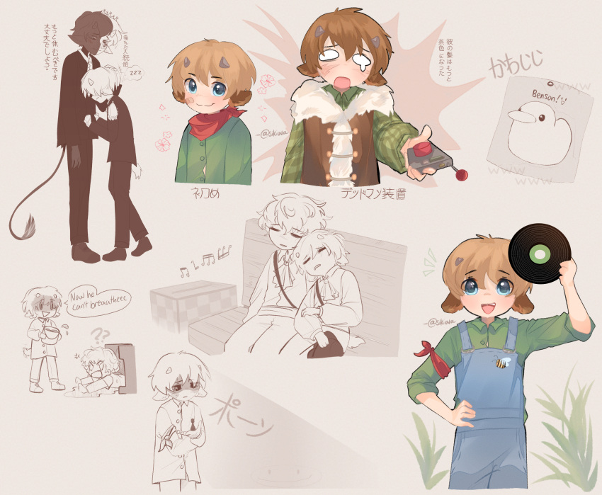 1other, 2boys, absurdres, adapted_costume, age_comparison, animal_ears, bee, benson_(tubbo), bird, blonde_hair, blue_eyes, blue_overalls, brown_hair, brown_vest, bug, commentary_request, crying, dream_smp, dual_persona, duck, english_text, fur_trim, goat_boy, goat_ears, goat_horns, goat_tail, green_shirt, head_on_another's_shoulder, highres, holding, horns, hug, kemonomimi_mode, male_focus, medibang_paint_(medium), minecraft, minecraft_youtube, multiple_boys, music_disc_(minecraft), note_block_(minecraft), official_alternate_costume, official_alternate_hair_color, open_mouth, overalls, partial_commentary, ranboo, scar, shirt, sikiova, sleeping, standing, suit, tail, tommyinnit, translation_request, tubbo, vest