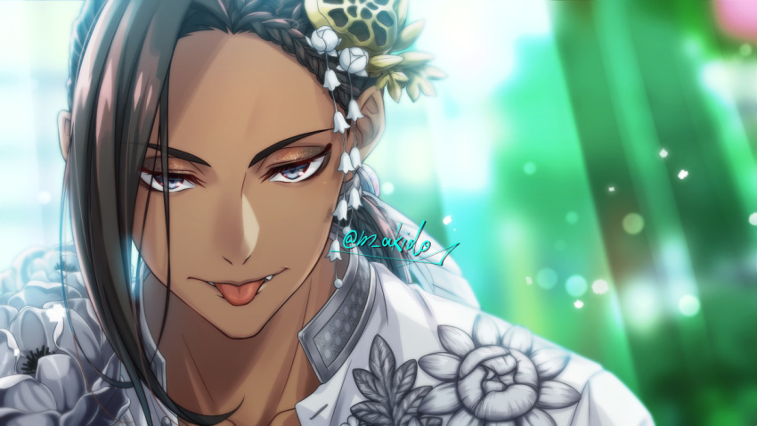 1boy, brown_hair, dark-skinned_male, dark_skin, fang, flower, green_background, grey_eyes, jamil_viper, long_hair, looking_at_viewer, m_akido, male_focus, outdoors, solo, tongue, tongue_out, twisted_wonderland, upper_body, white_flower