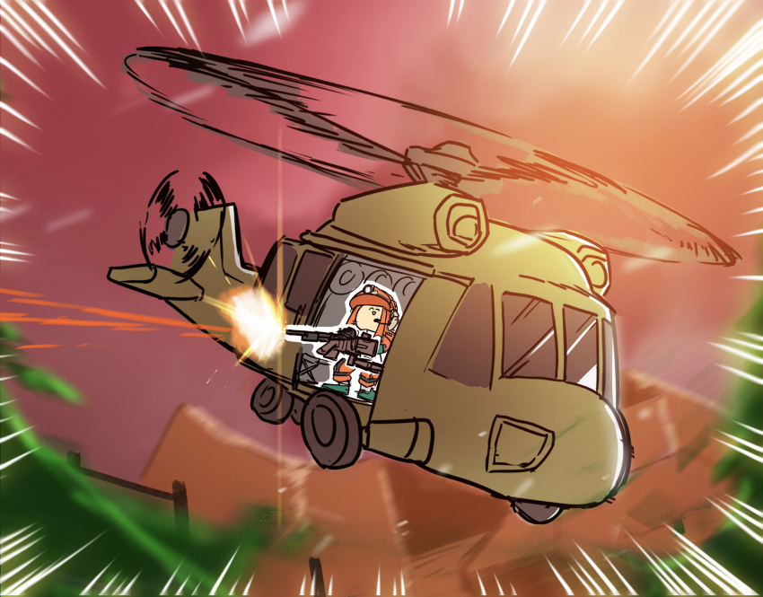 1girl, ^_^, aircraft, blurry, blurry_background, boots, closed_eyes, commentary_request, earpiece, emphasis_lines, firing, flying, gloves, green_footwear, green_gloves, gun, happy, headlamp, helicopter, helmet, highres, inkling, inkling_girl, inkling_player_character, jumpsuit, machine_gun, motion_blur, muzzle_flash, open_mouth, orange_hair, orange_helmet, orange_jumpsuit, osen_kuiki, outdoors, outline, purple_sky, salmon_run_(splatoon), sidelocks, sketch, sky, smile, solo, splatoon_(series), splatoon_3, weapon, white_outline