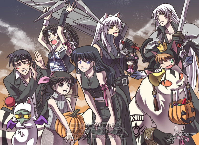 3girls, 5boys, aerith_gainsborough, aerith_gainsborough_(cosplay), angry, animal_ears, arm_ribbon, armor