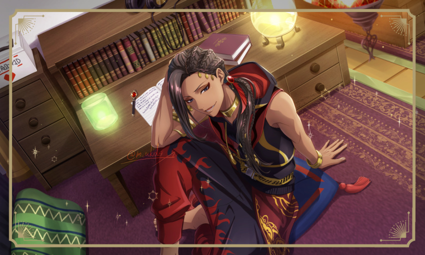 1boy, baggy_pants, bangle, bookshelf, bracelet, braid, brown_hair, commentary_request, dark-skinned_male, dark_skin, desk, fang, foot_out_of_frame, full_body, grey_eyes, hair_over_shoulder, hood, hood_down, indoors, jamil_viper, jewelry, knee_up, long_hair, looking_at_viewer, m_akido, male_focus, pants, pillow, sitting, sleeveless, sleeveless_jacket, solo, twisted_wonderland