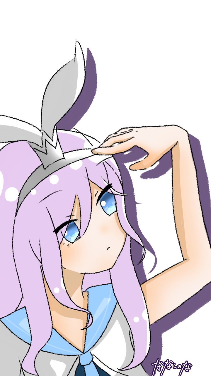 1girl, artist_name, bad_id, bad_twitter_id, blue_eyes, collar, delphinus_yukino_(saint_seiya:_rising_cosmo), headband, highres, long_hair, looking_up, nanasinona_na, purple_hair, saint_seiya, saint_seiya:_rising_cosmo, simple_background, solo, white_background, white_collar